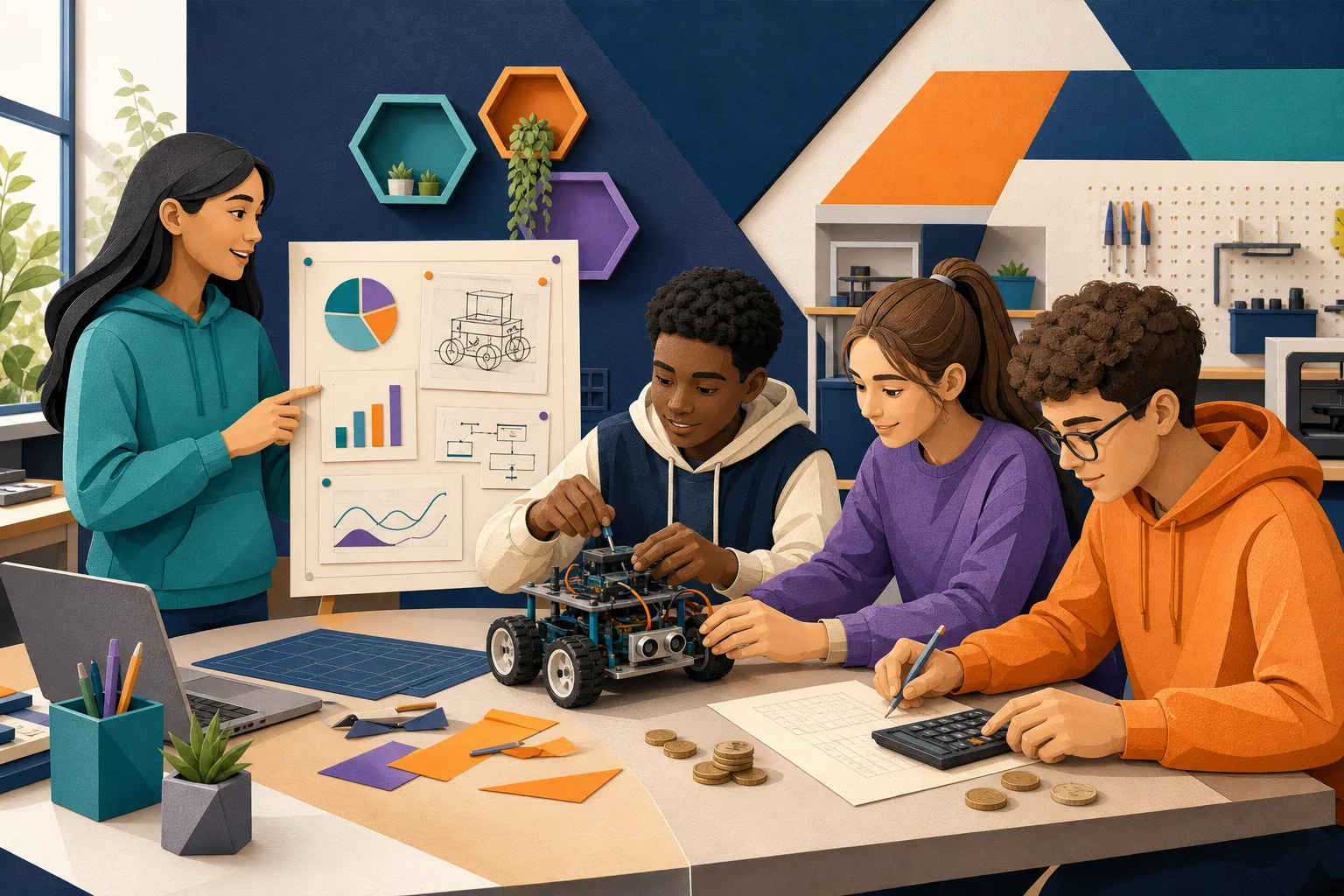 Illustration of middle school students collaborating in practical learning activities